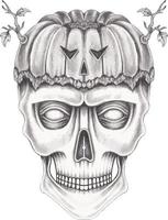 Art surreal skull and pumpkin halloween day. Hand drawing and make graphic vector. vector