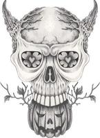 Art fantasy surreal pumpkin mic devil skull. Hand drawing and make graphic vector. vector