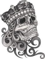 Art fantasy king skull tattoo. Hand drawing and make graphic vector. vector