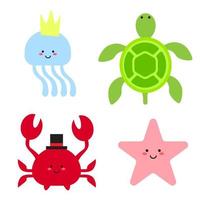 marine animal vector set. crab, starfish, jellyfish, turtle