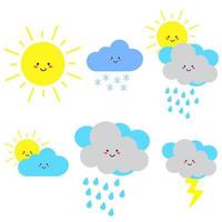 Vector set of cute weather characters - clouds, , thunderstorm, tornado, snow, rain, sun and crescent moon. Kawaii weather characters isolated on a white background. Vector illustration of flat style