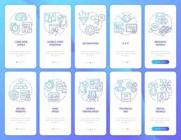 Search engine optimization blue gradient onboarding mobile app screen set. Walkthrough 5 steps graphic instructions with linear concepts. UI, UX, GUI template. vector