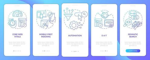 Search engine optimization concept blue gradient onboarding mobile app screen. Walkthrough 5 steps graphic instructions with linear concepts. UI, UX, GUI template. vector