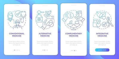 la atención médica no convencional se acerca a la pantalla de la aplicación móvil de incorporación de gradiente azul. Tutorial de instrucción gráfica de 4 pasos con conceptos lineales. interfaz de usuario, ux, plantilla de interfaz gráfica de usuario. vector