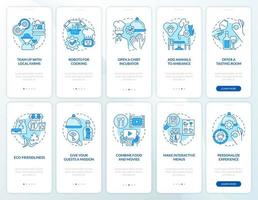 plan estratégico para el juego de pantalla de la aplicación móvil de incorporación azul del restaurante. tutorial 5 pasos instrucciones gráficas editables con conceptos lineales. interfaz de usuario, ux, plantilla de interfaz gráfica de usuario. vector