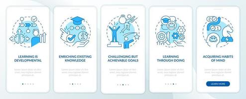 Learning basic concepts blue onboarding mobile app screen. Walkthrough 5 steps editable graphic instructions with linear concepts. UI, UX, GUI template. vector