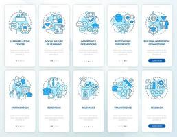 principios de aprendizaje del conjunto de pantallas de aplicaciones móviles de incorporación azul. tutorial 5 pasos instrucciones gráficas editables con conceptos lineales. interfaz de usuario, ux, plantilla de interfaz gráfica de usuario. vector