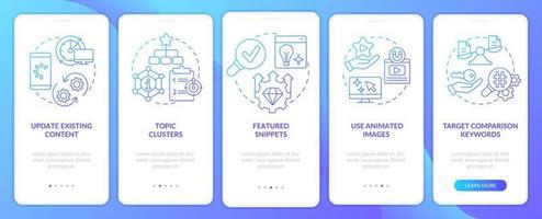 Advanced SEO techniques blue gradient onboarding mobile app screen. Walkthrough 5 steps graphic instructions with linear concepts. UI, UX, GUI template. vector