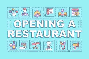 Opening restaurant word concepts turquoise banner. Business plan. Infographics with editable icons on color background. Isolated typography. Vector illustration with text.