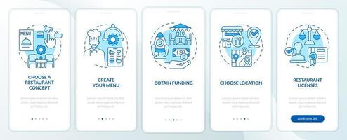 Starting restaurant steps blue onboarding mobile app screen. Walkthrough 5 steps editable graphic instructions with linear concepts. UI, UX, GUI template. vector