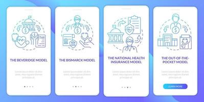 Models for health care systems blue gradient onboarding mobile app screen. Walkthrough 4 steps graphic instructions with linear concepts. UI, UX, GUI template. vector