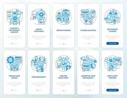 Catchy restaurant ideas blue onboarding mobile app screen set. Walkthrough 5 steps editable graphic instructions with linear concepts. UI, UX, GUI template. vector