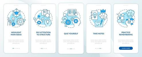 Learning and memorizing techniques blue onboarding mobile app screen. Walkthrough 5 steps editable graphic instructions with linear concepts. UI, UX, GUI template. vector