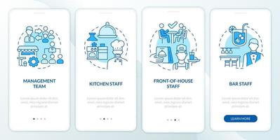 Restaurant personnel duties blue onboarding mobile app screen. Walkthrough 4 steps editable graphic instructions with linear concepts. UI, UX, GUI template. vector