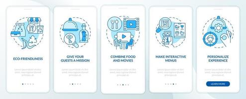 Unusual dining experiences blue onboarding mobile app screen. Walkthrough 5 steps editable graphic instructions with linear concepts. UI, UX, GUI template. vector