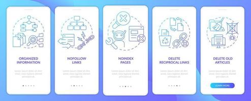 principios de optimización de motores de búsqueda pantalla de aplicación móvil de incorporación de degradado azul. Tutorial de 5 pasos con instrucciones con conceptos lineales. interfaz de usuario, ux, plantilla de interfaz gráfica de usuario. vector