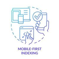 primer icono de concepto de degradado azul de indexación móvil. versión de teléfono inteligente. optimización de motores de búsqueda idea abstracta ilustración de línea delgada. dibujo de contorno aislado. vector