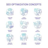 conjunto de iconos de concepto de gradiente azul de optimización seo. mercadeo por Internet. idea de promoción del sitio web ilustraciones en color de línea delgada. símbolos aislados. vector