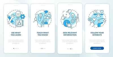 Practical learning techniques blue onboarding mobile app screen. Walkthrough 4 steps editable graphic instructions with linear concepts. UI, UX, GUI template. vector