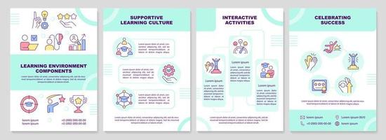 Learning environment turquoise brochure template. Leaflet design with linear icons. Editable 4 vector layouts for presentation, annual reports.