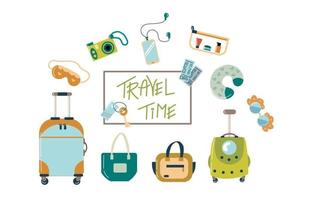 Set of travel elements. Flat cartoon vector illustration with bag, camera, tickets, suitcase, pet carrier, headphones, glasses, sleep mask, cosmetic bag and travel pillow. Travel collection.