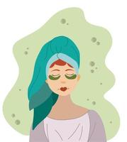 Woman face care. Moisturizing patches under eyes. Beauty procedures. Vector illustration.