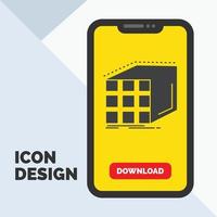 resumen. agregación. cubo. dimensional. icono de glifo de matriz en el móvil para la página de descarga. fondo amarillo vector