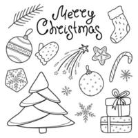 A set of Christmas design elements in the doodle style. Hand-drawn doodle vector illustration. A set with inscriptions, fir branches,decorations,sweets, gift boxes for labels, postcards, invitations.