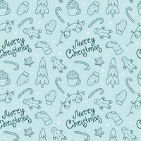 Christmas doodle seamless pattern with fir tree, garland, candy cane, mittens, gingerbread man, cocoa and lettering Merry Christmas.Blue winter background for a wrapping paper, wallpaper, scrapbooking vector