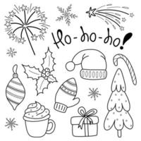 A set of Christmas design elements in the doodle style. Hand-drawn doodle vector illustration. A set with inscriptions, fir branches,decorations, sweets, gift boxes for labels, postcards, invitations.