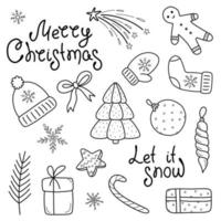 A set of Christmas design elements in the doodle style. Hand-drawn doodle vector illustration. A set with inscriptions, fir branches,decorations,sweets, gift boxes for labels, postcards, invitations.