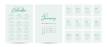 plantilla de calendario mensual 2023 en estilo minimalista moderno, concepto de portada, conjunto de calendario de escritorio de 12 páginas, diseño de planificador de calendario mínimo 2023 para plantilla de impresión en azul vector