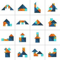 Tangram puzzle. Set of tangram buildings. Jigsaw for kids. Vector set. Vector illustration