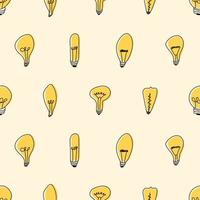 Hand drawn seamless pattern of Light Bulbs. Different loft lamps in doodle style. Idea lightbulb sign symbol pattern. Vector illustration
