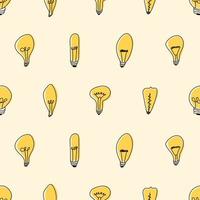 Hand drawn seamless pattern of Light Bulbs. Different loft lamps in doodle style. Idea lightbulb sign symbol pattern. Vector illustration