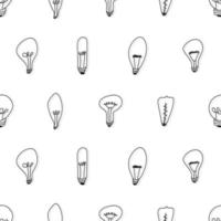 Hand drawn seamless pattern of Light Bulbs. Different loft lamps in doodle style. Idea lightbulb sign symbol pattern. Vector illustration