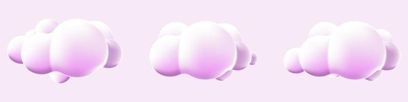 Las nubes 3D establecen un fondo aislado. representar iconos de nubes esponjosas de dibujos animados redondos suaves. formas geométricas 3d. varias formas de nubes suaves de dibujos animados. ilustración vectorial vector