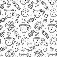 Seamless pattern of Tea time doodle. Cups and sweets in sketch style. Hand drawn vector illustration