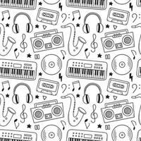 Seamless pattern of music doodle. Musical instruments, notes, headphones in sketch style. Hand drawn vector illustration
