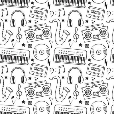 Seamless pattern of music doodle. Musical instruments, notes, headphones in sketch style. Hand drawn vector illustration