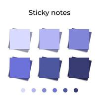 Multicolor post it notes in trendy 2022 very peri color. Trendy lavender violet notes. Colored sticky note set. Vector realistic illustration. Sticky note collection