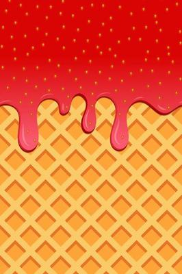 Bright food card. Strawberry flyers. Sweet realistic strawberry. Yellow pattern with waffle and strawberry drips. Dripping strawberry. Food delicious card. Vector illustration