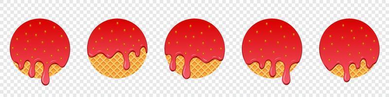 Set of strawberry drops. Dripping melted strawberry. Realistic melted strawberry. Strawberry drops. Melting strawberry. Red liquid dessert, sweet drip melt. Vector illustration