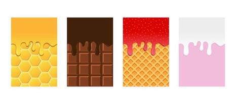 Gotas de diferentes líquidos. gotitas de colores de miel, chocolate, fresa, leche. conjunto de goteo 3d detallado realista. diseño de pancartas ilustración vectorial vector