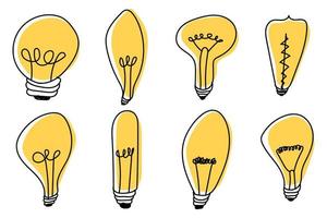 Hand drawn lightbulbs. Light bulb doodle. Hand drawn idea icon. Creativity and innovation concept. Set of hand drawn light bulbs. Vector illustration