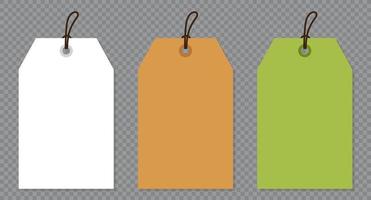 Set blank paper price tags or gift tags. Paper labels with cord. Set template shopping labels with shadow. Price tag collection. Vector illustration
