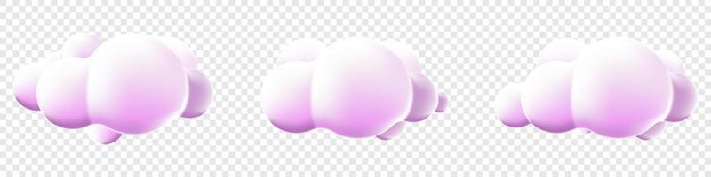 3d clouds set isolated background. Render soft round cartoon fluffy clouds icons. 3d geometric shapes. Various cartoon soft cloud shapes. Vector illustration