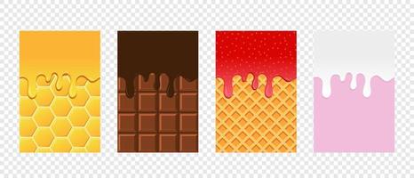 Gotas de diferentes líquidos. gotitas de colores de miel, chocolate, fresa, leche. conjunto de goteo 3d detallado realista. diseño de pancartas ilustración vectorial vector