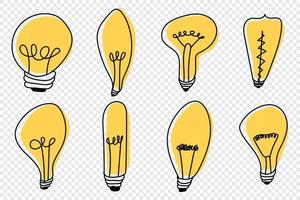 Hand drawn lightbulbs. Light bulb doodle. Hand drawn idea icon. Creativity and innovation concept. Set of hand drawn light bulbs. Vector illustration