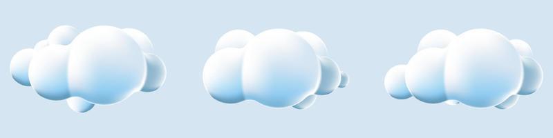 Las nubes 3D establecen un fondo aislado. representar iconos de nubes esponjosas de dibujos animados redondos suaves. formas geométricas 3d. varias formas de nubes suaves de dibujos animados. ilustración vectorial vector